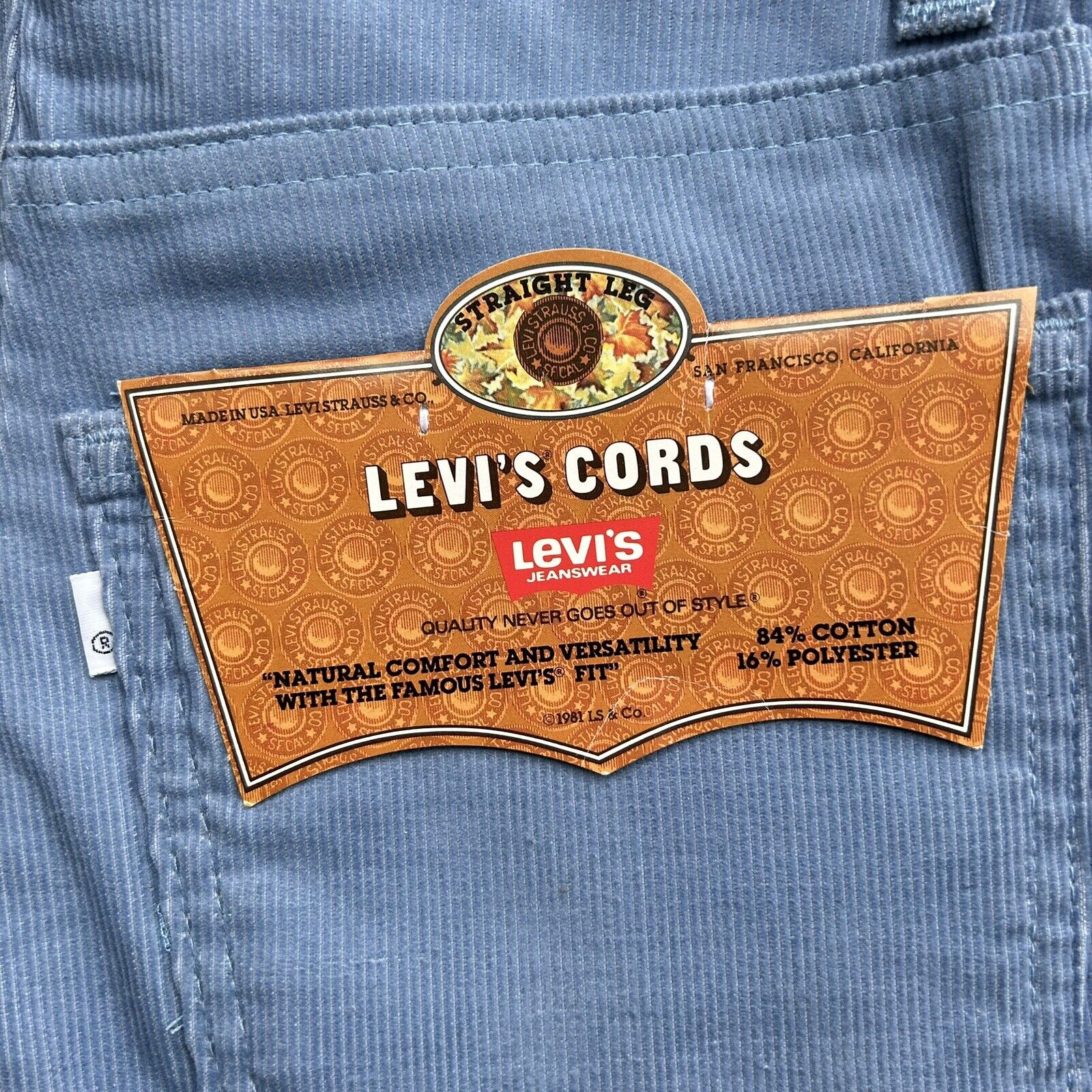 DEADSTOCK Vintage 80s Levi's 519 1557 Blue Corduroy Straight 