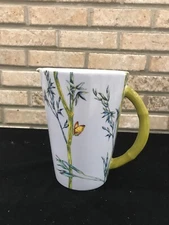 Mid Century Modern L'Objet Bamboo Blue Pottery Pitcher 8”tall