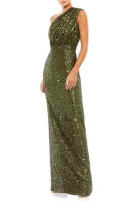 Ieena Mac Duggal Olive Green Sequin One-Shoulder Column Gown Size 4 $398 |  eBay