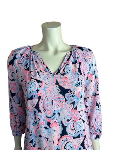 Lilly Pulitzer Willa 3/4 Sleeve Top Size XS Seahorse Print High Tide Blue Pink - Picture 5 of 12