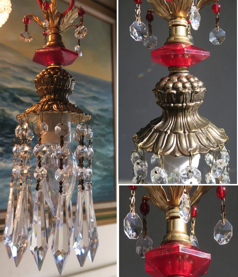 Vintage beaded ruby red Lucite hanging mini spelter lamp