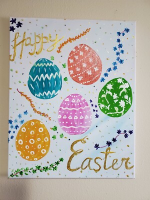 Handmade Painting Acrylic Wood Frame 20x16 Art Decor Happy Easter Eggs Spring