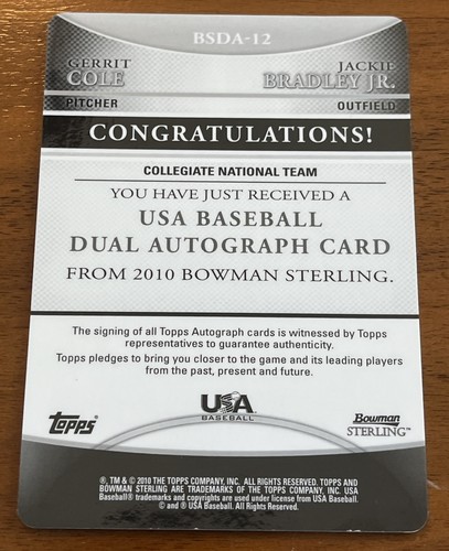 2010 Bowman Sterling Gerrit Cole Magenta Printing Plate 1/1 Dual Auto RC - Picture 2 of 2