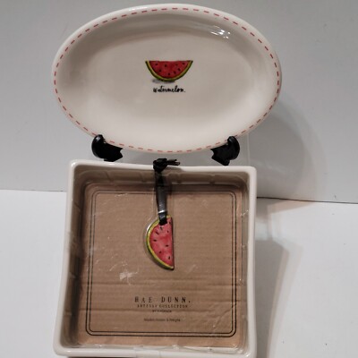 Rae Dunn Weighted Napkin Holder & Small Serving Dish, Watermelon, Artisan Coll.