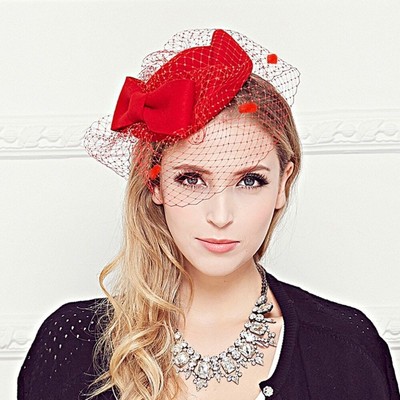 Bow Veil Ladies Pillbox Hats Red 
