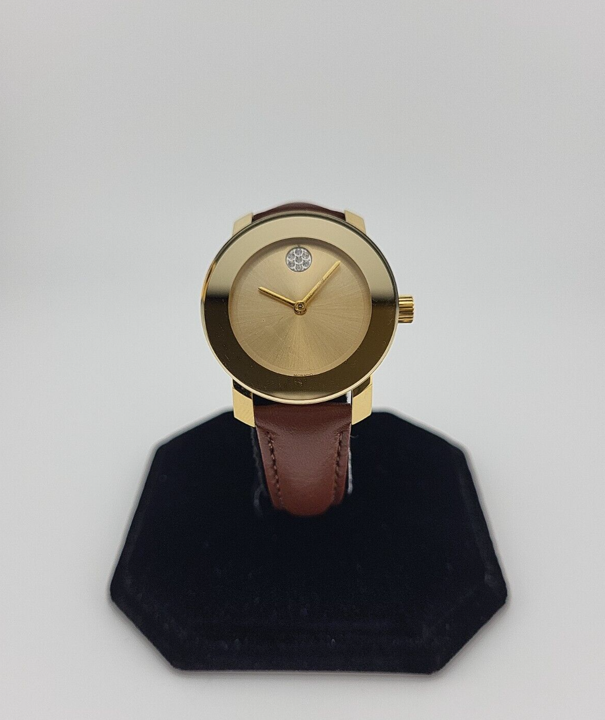 Movado Womens Bold Swiss Watch in Yellow Gold with Brown Leather Strap 3600437