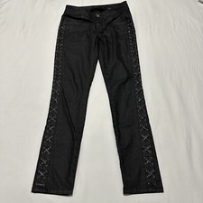 Cache Women  s Coated Wax Denim Sz 2 Black Skinny Pants Leather Threaded Rivets