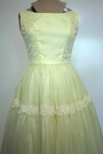 Emma Domb Yellow Prom Dress Full skirt Lemon White Lace Trim Ball Gown 1950s 60s - Picture 6 of 8