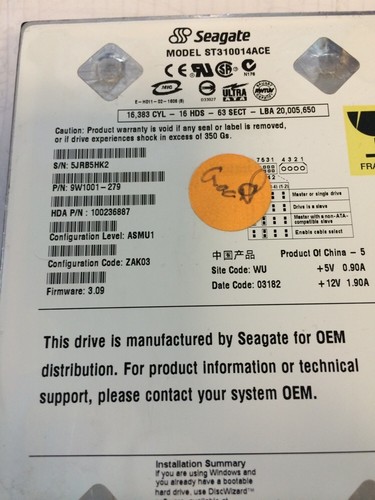 Seagate ST310014ACE 5400 RPM,3.5" 10GB IDE Hard Drive - Picture 2 of 4