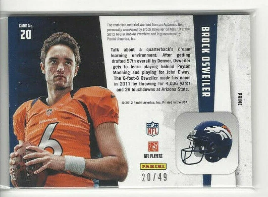 Brock Osweiler 2012 Panini Rookies & Stars Longevity #d 20/49 RC #20 Rookie - Image 2 of 2