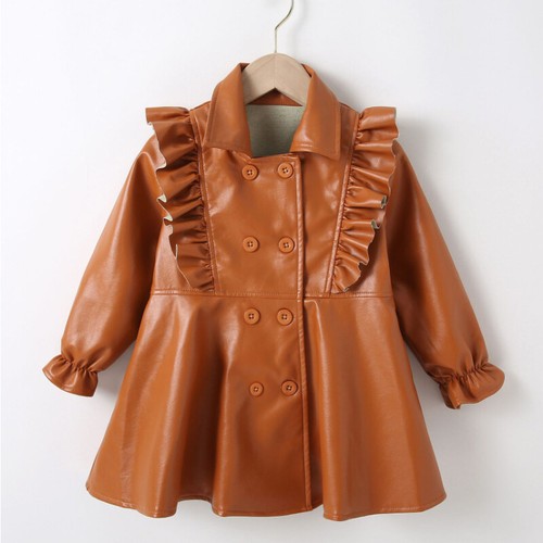 Girls PU Leather Dress Ruffle Jacket Casual Long Sleeve Button Outerwear Coat - Picture 19 of 23