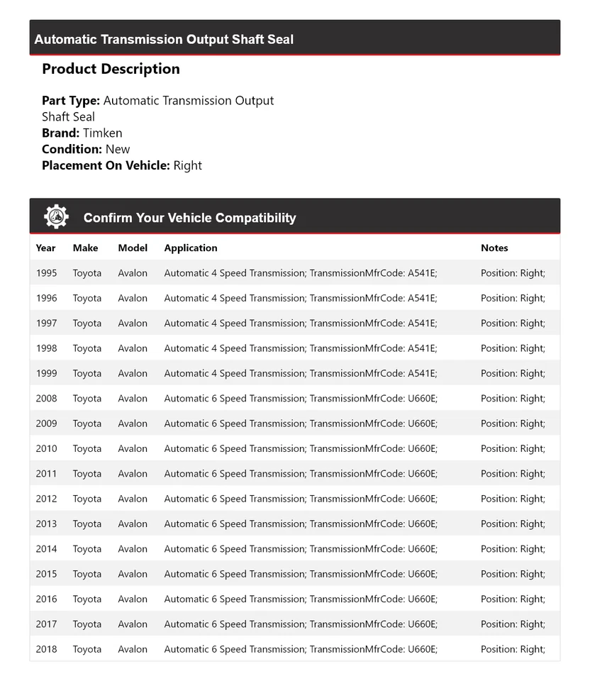 Sello de eje de salida de transmisión automática Timken derecho para Toyota Avalon 1995-1999, 2008-2018 Foto 2 de 4