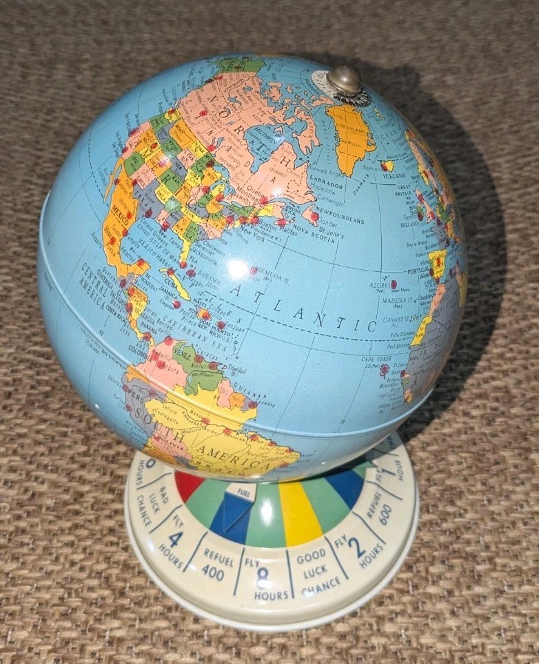 Vintage 1950s Replogle World Globe USA Tin Air Race Magnetic Spinner Base VG+ 8"