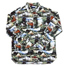 Cremieux Mens Camp Scene Flannel Shirt Size L 100% Cotton Forest Cabin Print