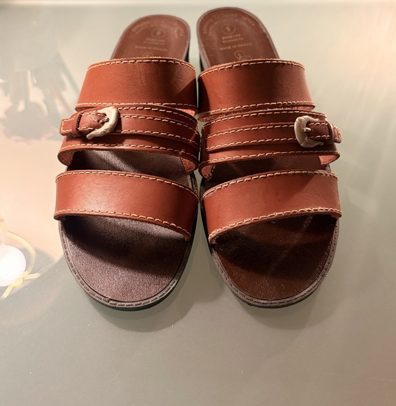 Women’s Open Toe Slip On Sandals, Leather Craft By Premiere, Brown Buckle, Sz 6