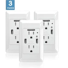 LED Night Light USB Outlet 15A TR Duplex Receptacle Light Sensor with Wall Plate