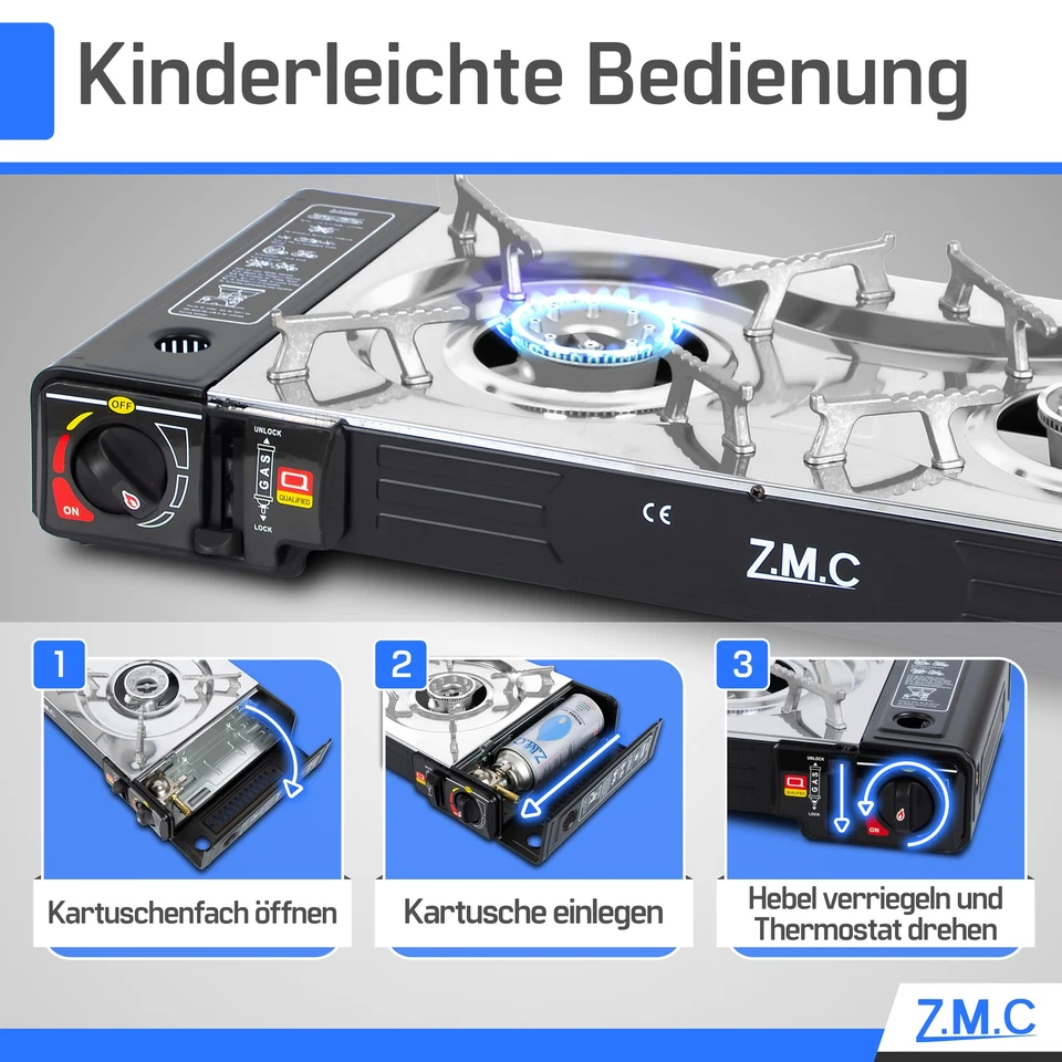 Campingkocher 2 flammig Outdoor Camping Gas Kocher Grillplatte + Gaskartuschen - Bild 3 von 4