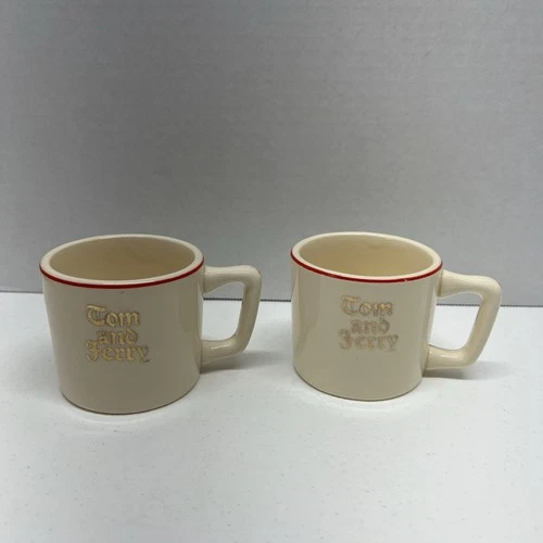 2- Vintage Tom & Jerry Coffee Cup Mug Ivory Gold Lettering Red Rim