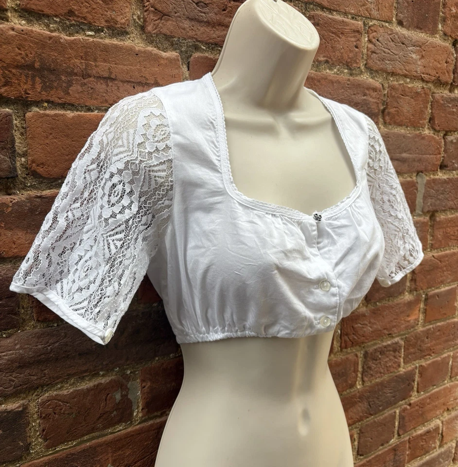 Country Line White Trachten Dirndl Cropped Milk Maid Peasant Top 8 Lace Sleeves - Image 4 of 4