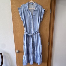 Tommy Hilfiger Blue White Striped Belted Midi Shirt Dress Women M Short Sleeve
