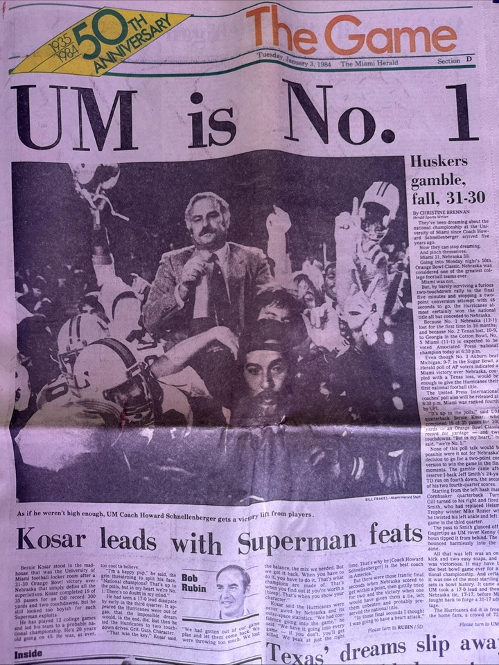 Miami Hurricanes UM Is No. 1 periódico original Miami Herald 3 de enero de 1984 Foto 4 de 4