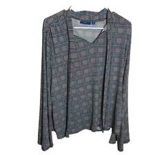 Apt 9 Blouse Women's XL Plaid V-Neck Tie Long Sleeve Career Shirt Top Printed