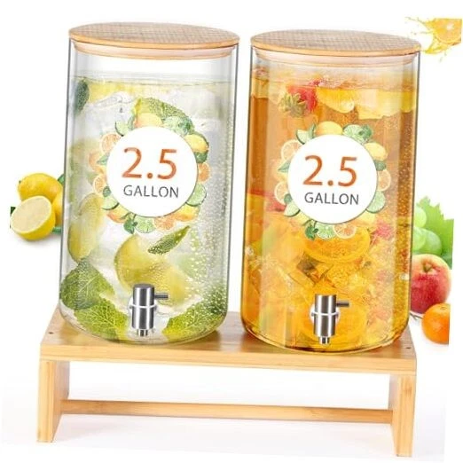 2 Pack Glass Drink Dispenser with Stand, Bamboo Lid, Stainless 2.5 Gallon