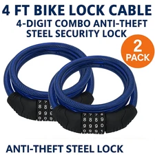 2 Pack 4ft Bike Lock Cable – 4-Digit Combination Steel Security Lock Anti-Theft