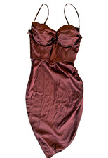  Oh Polly Draped Neck Asymmetric Corset Midi Dress - US 4 Chocolate Brown