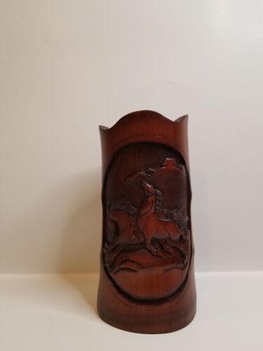 Antique Chinese Hand Carved Bamboo Brush Pot Holder 2 STALLIONS Running Free - Foto 1 di 9