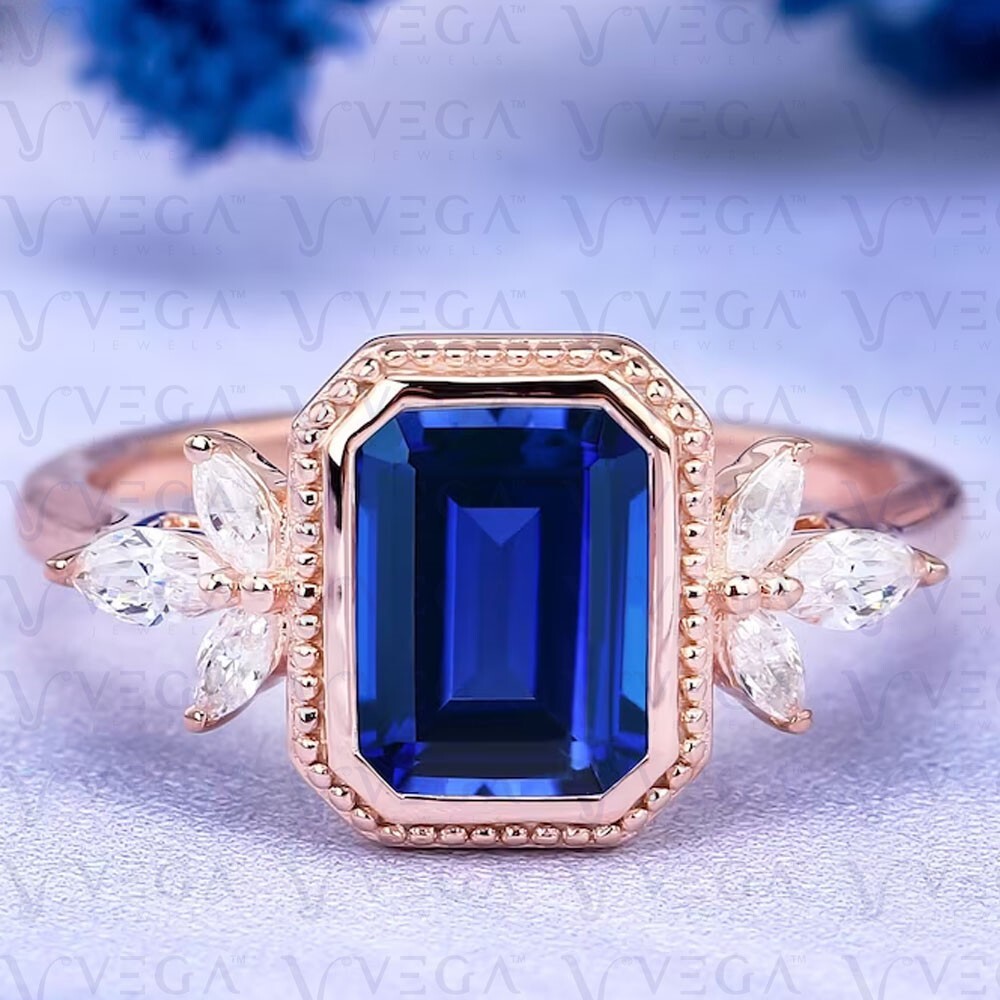 5.60Ct Emerald Cut Natural Sapphire & Diamond 100% 14k SOLID Rose