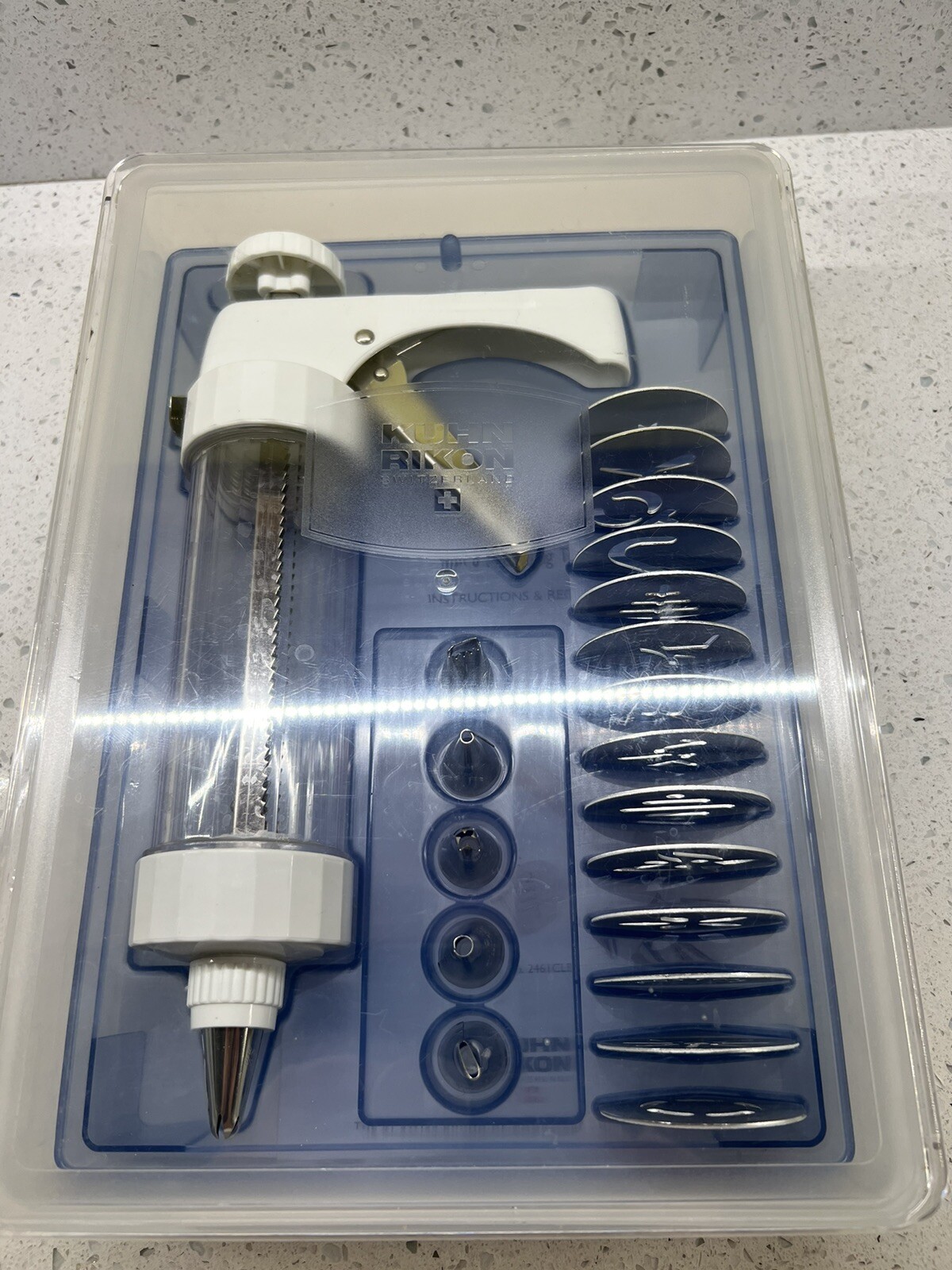 Kuhn Rikon Stainless Steel Cookie Press In Storage Box with 14 Molds