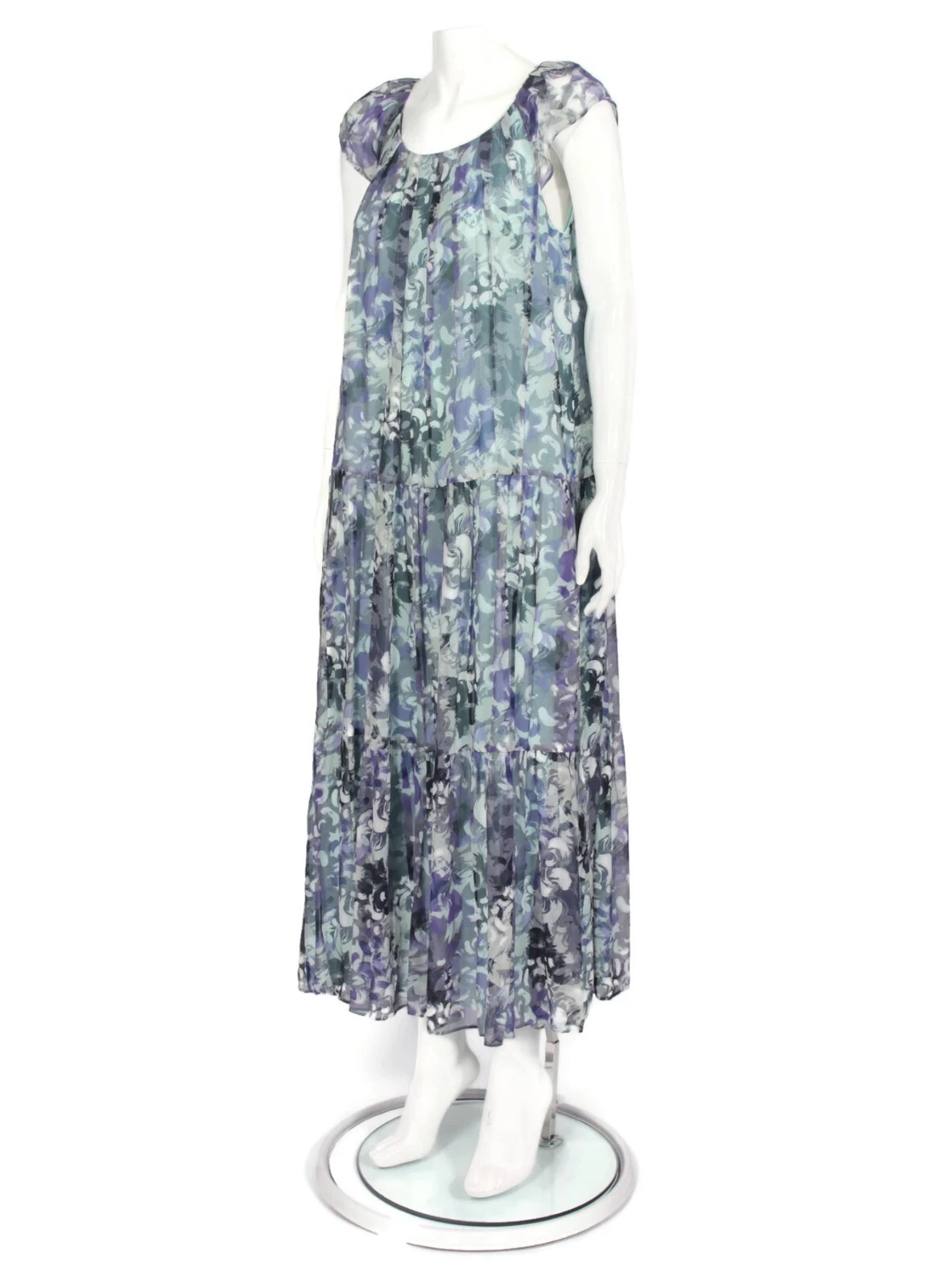 Maxi abito KATE SPADE floreale grigio blu seta chiffon plissettato cappuccio manica tg 4 980