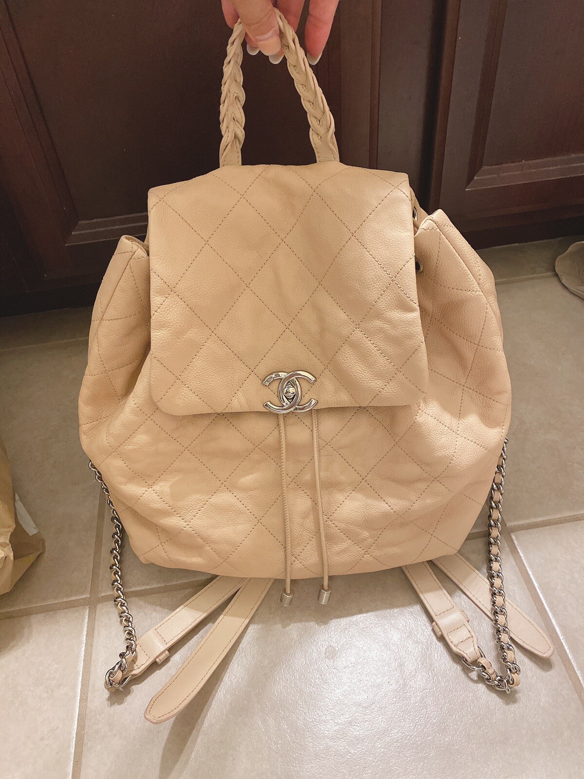 Chanel 2017 Beige Backpack Braided Handle Preowned Gem