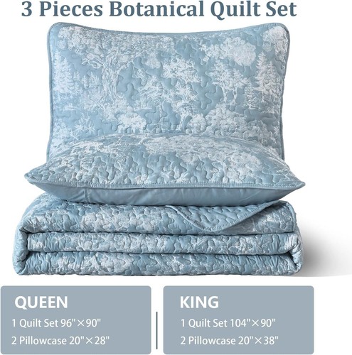WONGS Queen 3-Pc Botanical Quilt Set-Toile Floral Microfiber Coverlet All Season - Picture 44 of 103