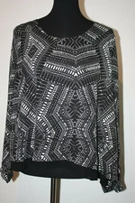 NY Collection Sz L Black White Geometric Double Layer Sheer Tunic Blouse