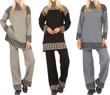 Ladies Long Sleeve High Neck Geometric Print Jumper Ribbed Loungewear Tracksuit