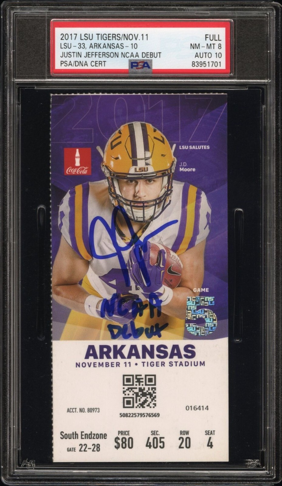 Justin Jefferson Autographed Signed LSU Tigers 2017 NCAA Debut Ticket LSU 11/11/17 PSA 8 Auto 10 