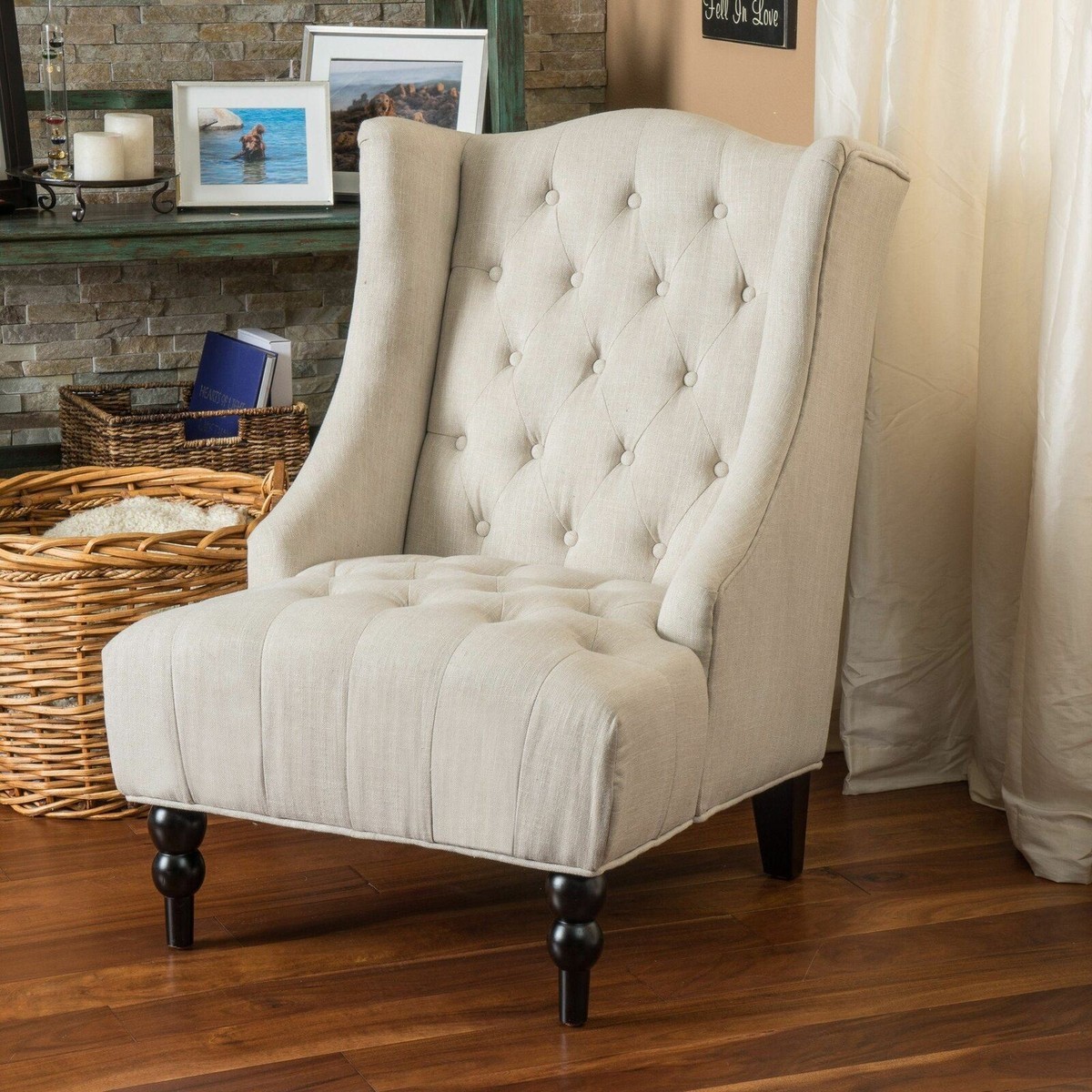 French Vintage Inspired Tall Wingback Silver Tufted Fabric