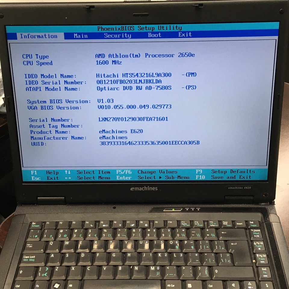 eMachines E620 15.4" Laptop AMD Athlon 2650e 1GB 160GB HDD Boot/BIOS No OS H2603 - Image 2 of 4