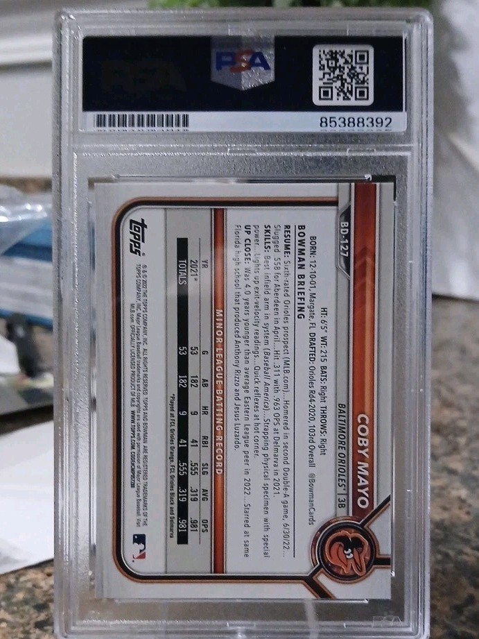 2022 Bowman Draft #bd127 Coby Mayo Auto PSA/DNA Certified PSA 10 Auto  view 2