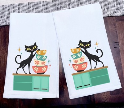 Cat Kitchen Towels Retro MCM Tea Towels Ink on 100% Cotton Size 28x28 Set of 2