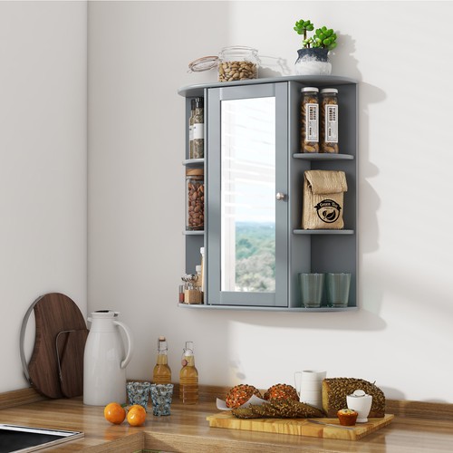 Costway Wall Mount Cabinet Single Door Shelves Bathroom Cabinet W/ Mirror Grey - Picture 6 of 8
