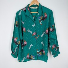 Diane Von Furstenberg Vintage Green Piano Girl Print Blouse Womens Large L