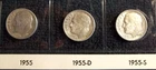 Roosevelt Dime lot  1955  P-D-S   90% Silver (Lot of 3)  (NR)
