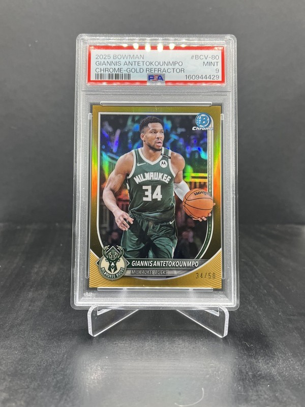 2025-26 Bowman Chrome Giannis Antetokounmpo Gold Refractor 34/50 PSA 9 #BCV-80