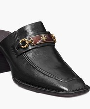 TORY BURCH PERRINE Mule Slides Pump Black Leather LOGO PLAQUE size US 6 M