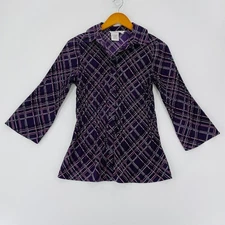 Fred David Women's Stretch Blouse Small Purple Plaid Accordion 3/4 Sleeve Top
