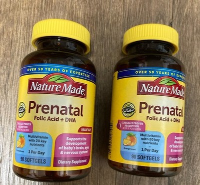 2 Pack Lot Two Nature Made Prenatal Folic Acid + DHA Multi Vitamin 90 Soft Gels
