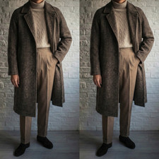 Men Overcoats Vintage Tweed Herringbone Long Coats Single Breasted Outdoor Coat